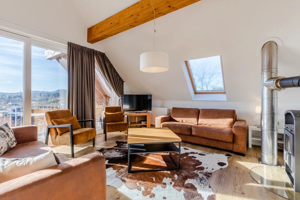 Wohnzimmer mit Ledersofa, Ofen und Dachfenstern