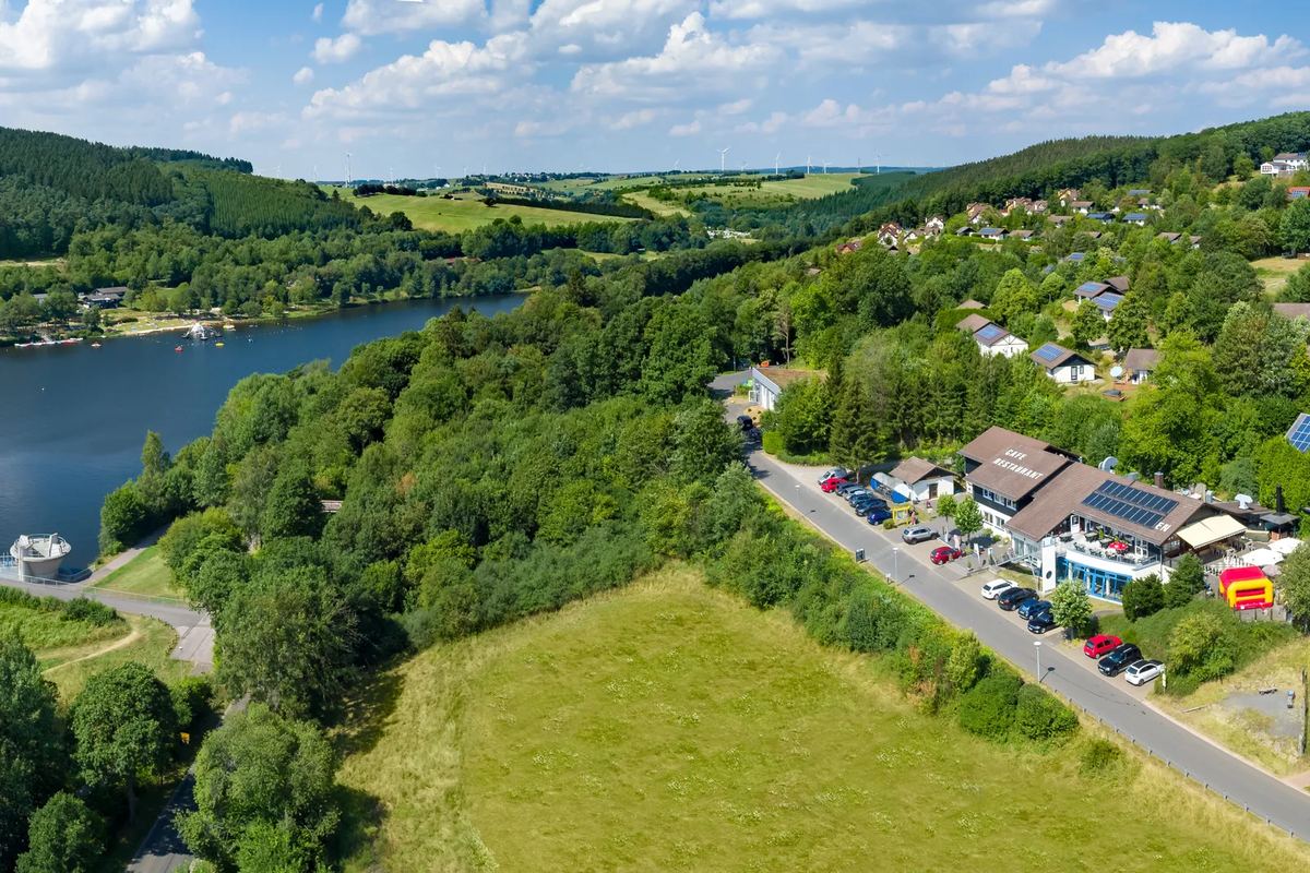 Luftbild: See, Straße und Gebäude am Waldrand