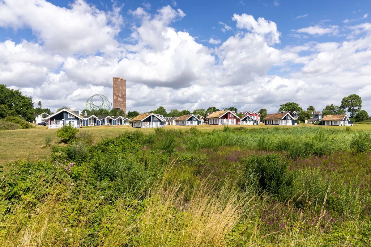 Ferienhäuser hinter einer Wiese