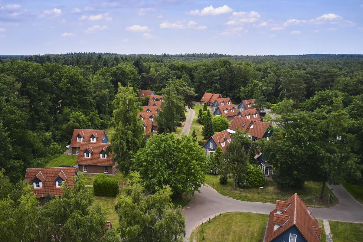 Luftbild: Ferienhäuser mit roten Dächern im Wald