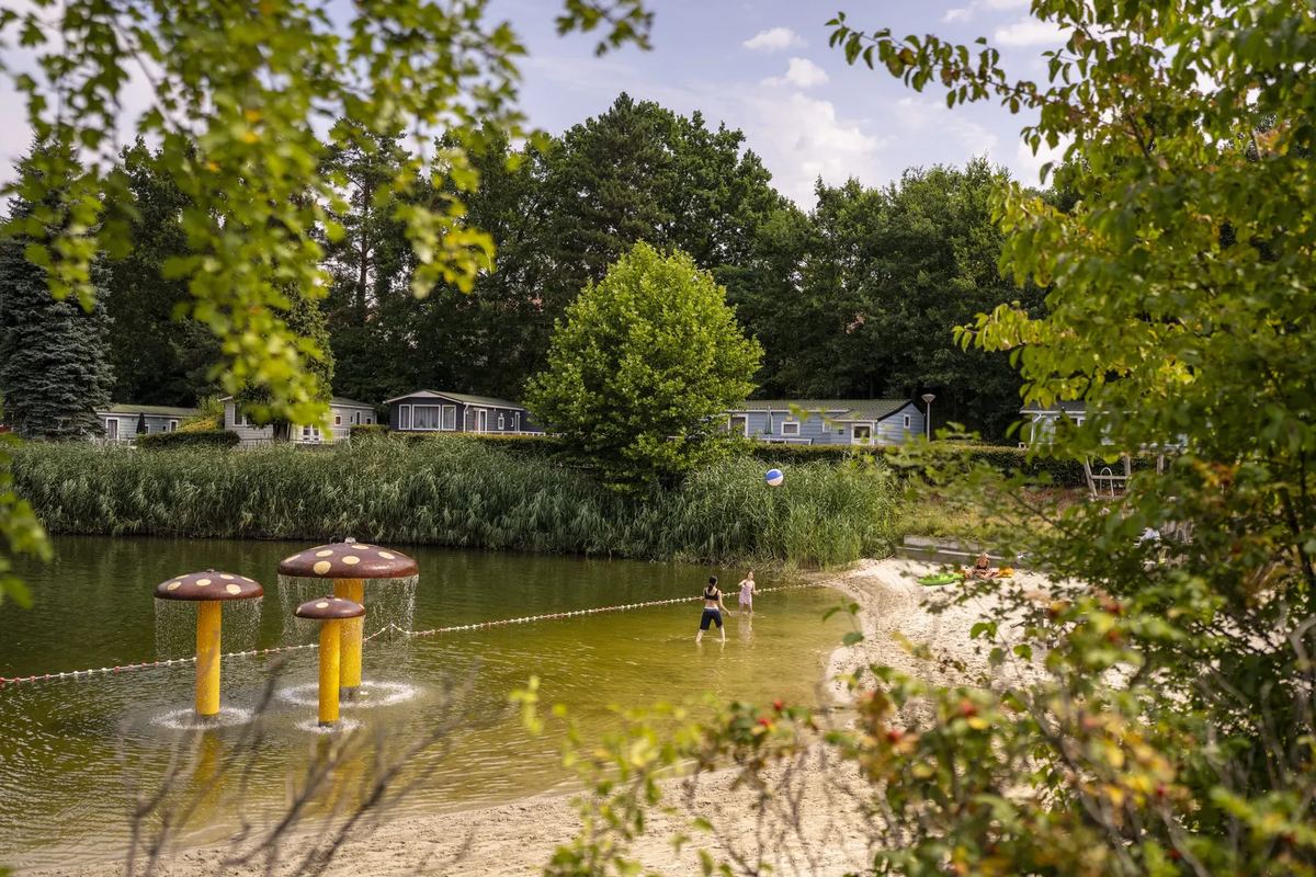Wasserspiel mit Pilzfontänen am Seeufer