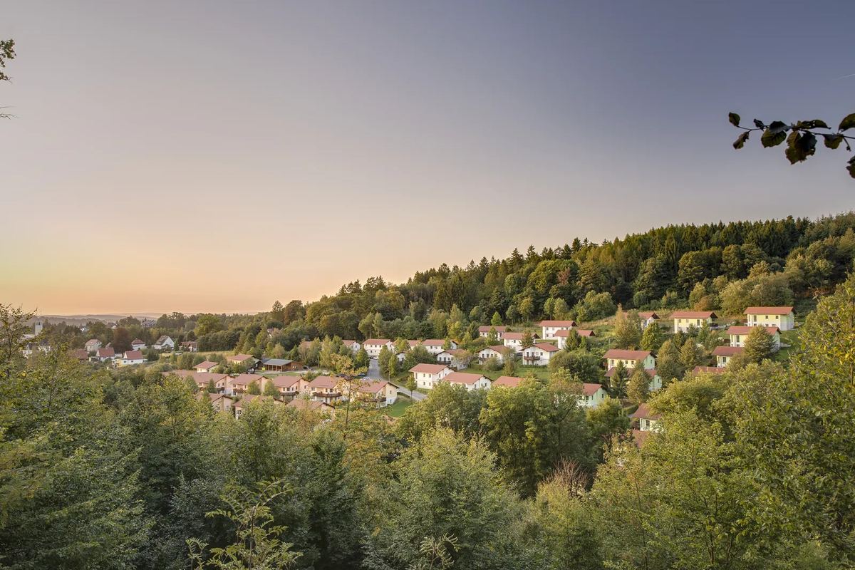 Ferienhäuser am Waldhang in der Abendsonne