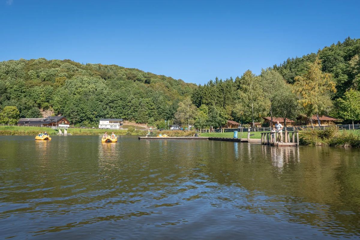 Teich mit Tretbooten vor einem bewaldeten Hang